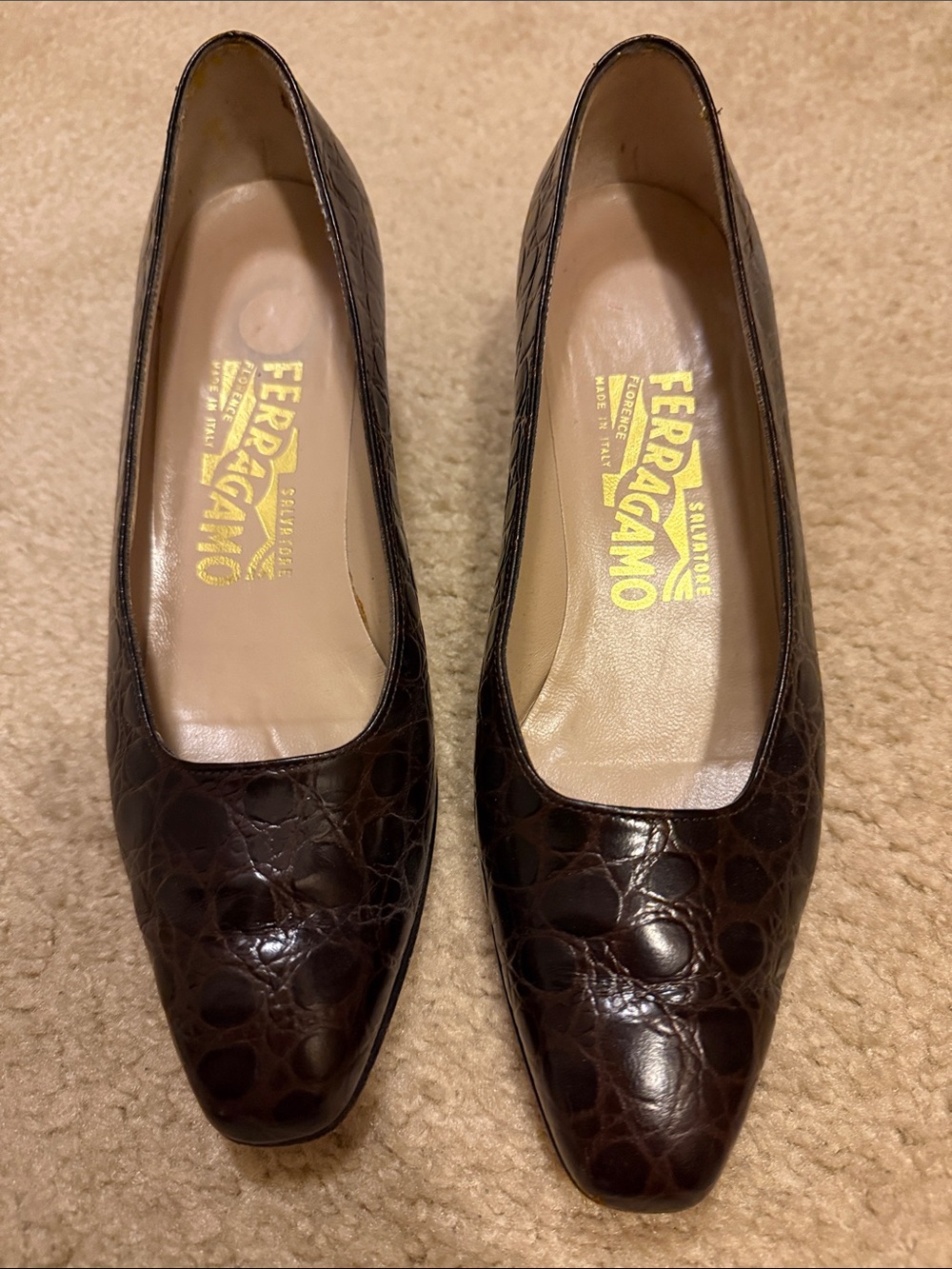 Salvatore Ferragamo Croc-Embossed Dark Brown Leather Flats